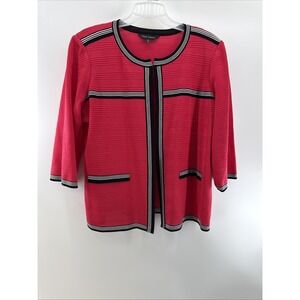 Ming Wang 2XL Heritage Jacket Red Knit Travel Open Front Cardigan Black Trim